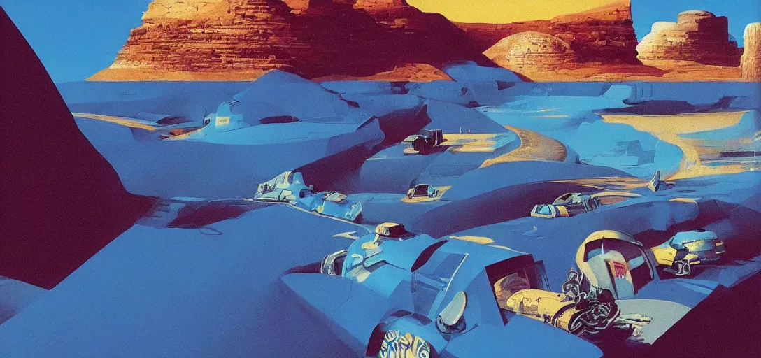 Image similar to a blue desert with distant mountains, by chris foss, syd mead, ralph mcquarie, art station, high detail, award winning, psychedelic and glittering, cinematic composistion