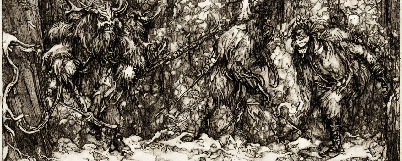 Image similar to Victorian Krampus horned satyr figure walking through a fantasy Victorian christmas village, art by arthur rackham, photorealistic, dark fantasy, book illustration style, 19th Century, 8K