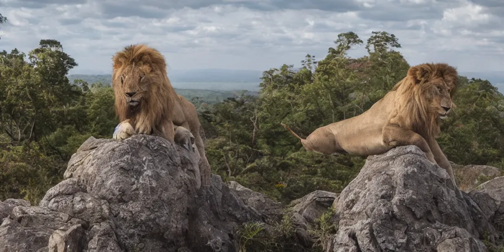 Image similar to hyperrealistic photo of a lion roaring on top of a rock over looking the jungle, 8 k