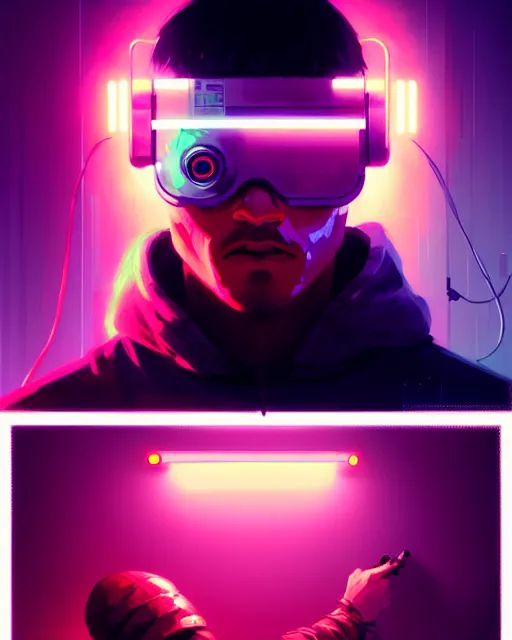 Image similar to cyberpunk synth, hyper - realistic detailed portrait of a man in a hoodie, with neon projection mask, digital painting, by atey ghailan, by greg rutkowski, by greg tocchini, by james gilleard, by joe fenton, by kaethe butcher, sharp focus