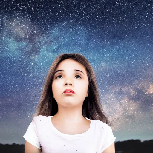 Prompt: dark haired girl looks into the sky unamused, hyperrealistic, 8k, starry sky