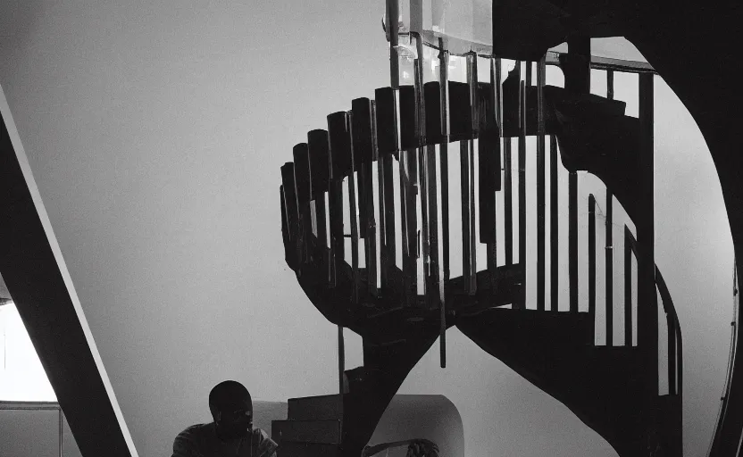 Image similar to frank ocean building a spiral staircase in the centre of the room, greyscale,