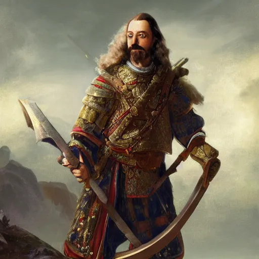 Prompt: Peter the Great holding big narrow axe, russian tsar Peter I, russian emperor, sharp focus, fantasy style, octane render, volumetric lighting, 8k high definition, by greg rutkowski, highly detailed, trending on art Station, oil painting