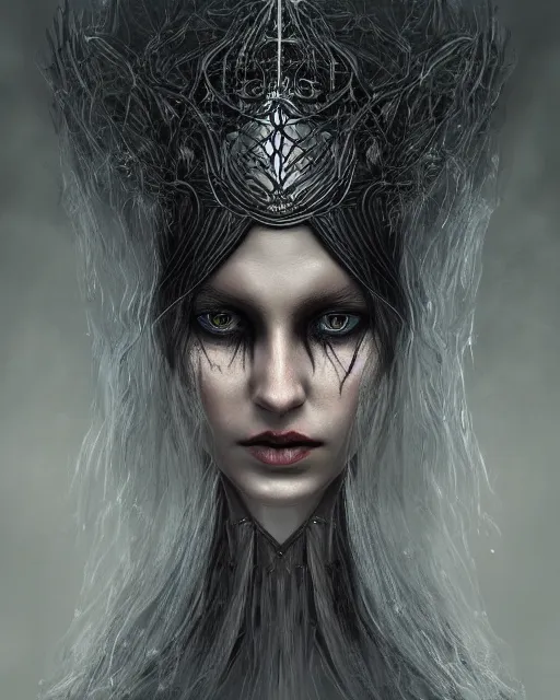 Image similar to portrait of a beautiful female witch with shimmering hair, symmetrical face and eyes, cgsociety, Elden Ring, Dark Souls, Bloodborne