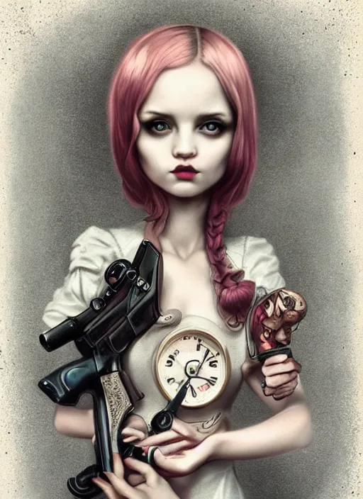 Image similar to pop surrealism, lowbrow art, realistic cute alice girl painting, holding a gun, hyper realism, muted colours, rococo, natalie shau, loreta lux, tom bagshaw, mark ryden, trevor brown style,