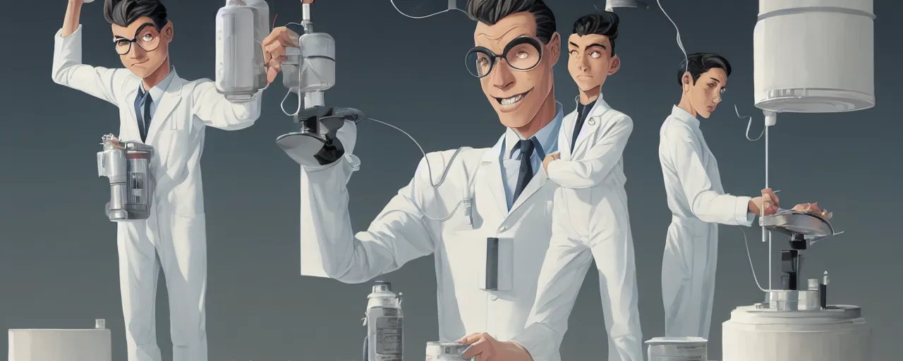 Image similar to stoic heroic emotionless butch young man scientist with short slicked - back hair, making an experiment - wearing white suit, wearing jetpack, digital art, rough paper, behance hd by jesper ejsing, by rhads, makoto shinkai and lois van baarle, ilya kuvshinov, rossdraws global illumination.