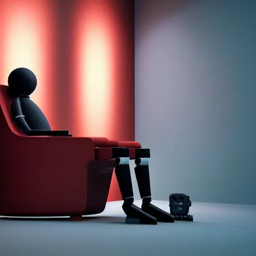 Image similar to futuristic lonely matte brown and red full-body humanoid robot with two huge round expressive sad LED eyes and open rectangular mouth sitting on a large comfortable cushioned 1950s vintage recliner reading a newspaper. open newspaper. Cinematic Lighting, Cinematic Movie Photograph, Arri Alexa, Extremely Detailed, smooth, very very clean, 8K, octane render, maya render, unreal engine, trending on artstation, DSLR, excellent composition, center frame