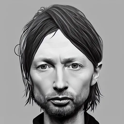 Prompt: Caricature portraits done of a young Thom Yorke, realistic, hyperrealistic, very realistic, highly detailed, very detailed, extremely detailed, detailed, oil painting, digital art, trending on artstation