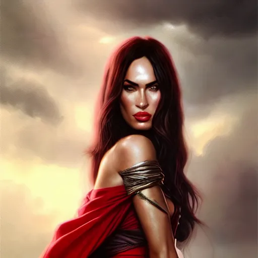 Image similar to portrait of megan fox, muscular upper body, scarf, greek, jewelry, red dress, fantasy, intricate, elegant, highly detailed, digital painting, artstation, concept art, matte, sharp focus, illustration, art by aenaluck and roberto ferri and greg rutkowski, epic fantasy, digital painting