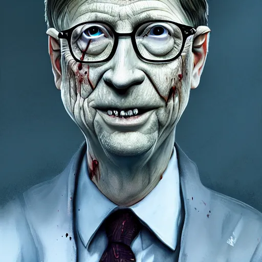 Image similar to a zombie Bill Gates, by WLOP, horror, wounds, bloody, dark fantasy, trending on artstation