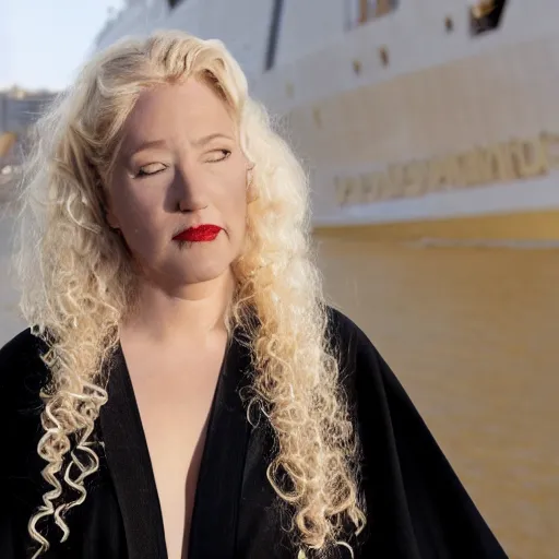 Image similar to a blonde woman in a black robe lying on the deck of a ship, a beautiful english woman with a long face narrow nose pale skin blue eyes red lips and wild messy tangles of curly white blonde hair, high resolution film still wearing a black robe and skull necklace, sandy, a journey to the west