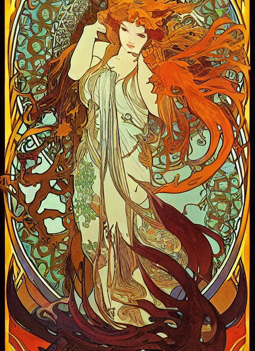 Image similar to spirit of the fox dragon in fiery tale forest in artnouve style by alphonse mucha hiroshi yoshida. artstation trending