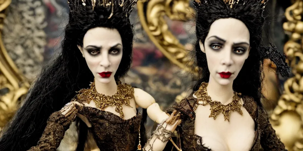 Image similar to photo taken of an epic intricate, ultra detailed, super realistic stop motion puppet of a majestic gracious regal aristocratic brunette female vampire and an indoor gothic filmset created by weta workshop and tim burton, menacing, wide angle, full body shots, photorealistic, sharp focus, gloomy, extremely cold blueish colour temperature, 3 5 mm, f 1. 4, golden ratio