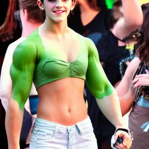 Image similar to emma watson cosplaying as the hulk, muscly emma watson wearing a hulk costume, emma watson jacked beefy cosplay award winner