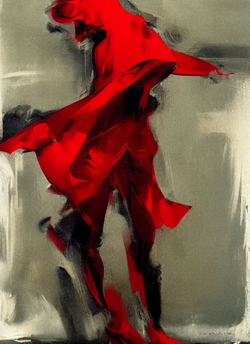 Image similar to fashion model in red dress, painting by phil hale, fransico goya,'action lines '!!!, graphic style, visible brushstrokes, motion blur, blurry, visible paint texture, crisp hd image