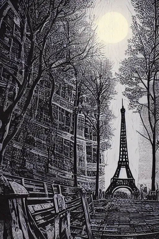 Image similar to a beautiful woodcut print of paris, 8 k, frostbite 3 engine, cryengine, dof, trending on artstation, digital art, crepuscular ray, art by fossi _ images and tugboat printshop