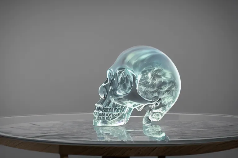 Prompt: a glass skull on a white table with a lamp next to it, the skull is filled with liquid waves, vintage, neon, iridescent, smooth, sharp focus, high detail, deviantart, artstation, halo, octane render, cinematic, hyper realism, 8k, depth of field, bokeh, art by Tooth Wu and wlop and beeple and dan mumford and greg rutkowski