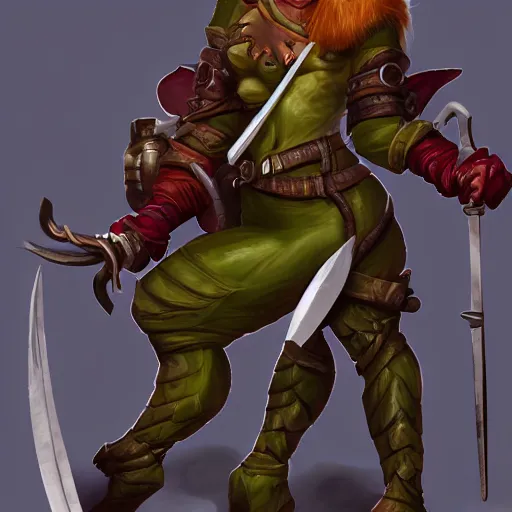 Prompt: character portrait of a crazed female goblin wielding daggers and wearing leather armor. d & d. digital painting. high detail. trending on artstation.