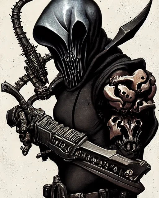 Prompt: reaper from overwatch, heavey metal magazine cover, character portrait, portrait, close up, concept art, intricate details, highly detailed, in the style of frank frazetta, r. giger, esteban maroto, richard corben, pepe moreno, matt howarth, stefano tamburini, tanino liberatore, luis royo and alex ebel