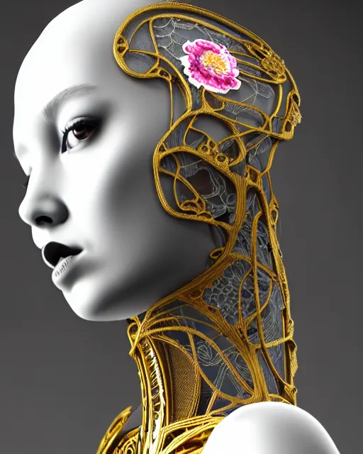 Prompt: uhd 3 d render, stunningly beautiful young teen angelic alluring biomechanical female cyborg with an obsidian profile face, rim light, big floral petals and stems, roots, fine foliage, lace, alexander mcqueen, art nouveau fashion embroidered collar, dieselpunk, gold filigree details, hexagonal mesh wire, ifs reflection, elegant, artstation trending
