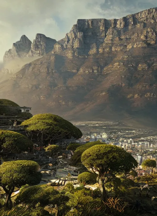 Image similar to chtulu attacking cape town city, table mountain, dense foliage beautiful details, strong composition by kim jung giu weta studio rutkowski, james gurney and greg rutkowski, and lucasfilm