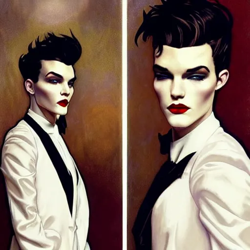 Image similar to beautiful portrait of androgynous ruby rose as desire from sandman in a white tuxedo!!!, rockabilly style, by alphonse mucha, cedric peyravernay, by jeremy mann, by frank moth, white suit and black tie, soft lightning, high detailed, 8 k