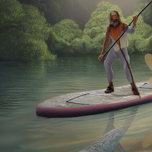 Image similar to mr worf paddleboarding in swamp by highway man painting, photorealistic, high resolution, vray, hdr, hyper detailed, insane details, intricate, elite, ornate, elegant, luxury, dramatic lighting, octane render, weta digital, micro details, 3 d sculpture