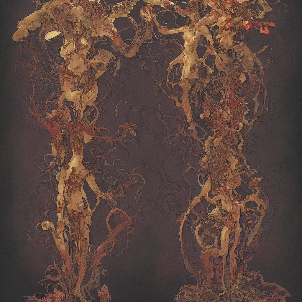 Image similar to 2 0 mm film photograph of a nightmare fungus demon god, by james jean, by thomas blackshear, by artgerm and greg rutkowski and alphonse mucha. uhd, amazing depth, cinematic lighting, glossy wet levitating floating fungus god with arms outstretched.