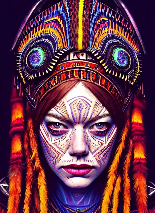 Image similar to portrait of emma stone, hyper detailed ultra sharp aztec shaman warrior. trending on artstation, warpaint aesthetic, bloodwave, colorful, psychedelic, ornate, intricate, digital painting, concept art, smooth, sharp focus, illustration, art by artgerm and greg rutkowski and h. r. giger, 8 k