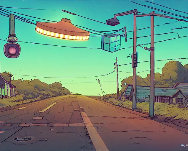 Image similar to a study of cell shaded cartoon of a microKorg synthesizer floating above a country road, street lamps, road, illustration, wide shot, subtle colors, post grunge, concept art by josan gonzales and wlop, by james jean, Victo ngai, David Rubín, Mike Mignola, Laurie Greasley, highly detailed, sharp focus, Trending on Artstation, HQ, deviantart, art by artgem