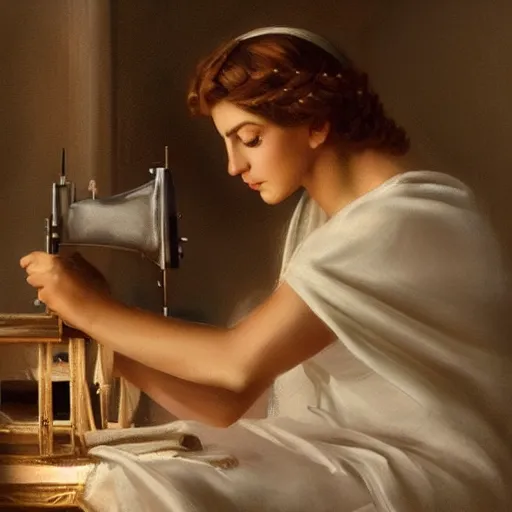 Prompt: Absolutely gorgeous greek goddess of fashion, she is sewing the most beautiful dress the olympian gods have ever seen, cinematic lighting, high quality 8k hd, oil on canvas, hyperralistic art