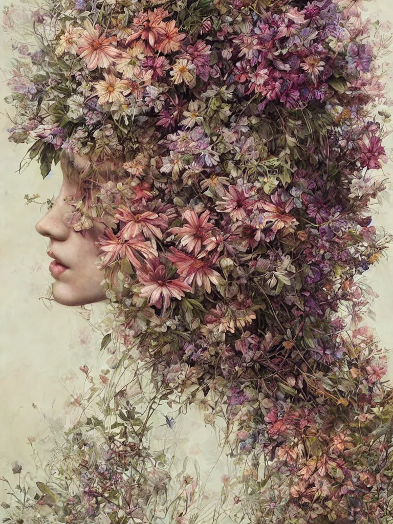 Prompt: a chaotic whirlwind of wildflowers and leaves, intricate details, aesthetically pleasing and harmonious natural colors, art by marco mazzoni, impressionism, detailed, dark, flowers