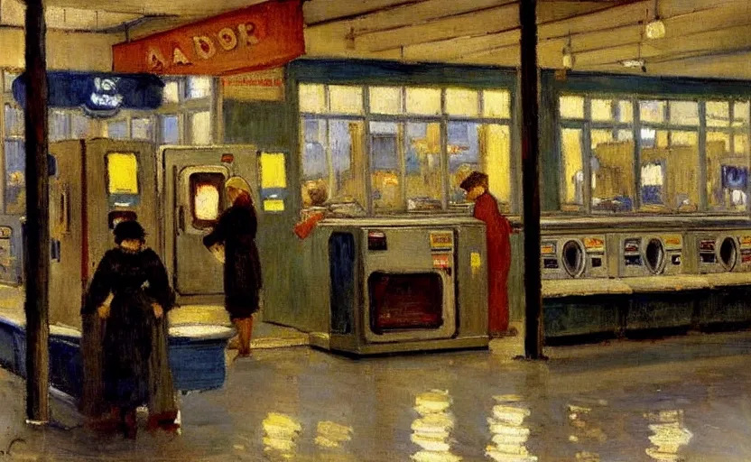 Image similar to interior of a modern laundromat at night, stanhope forbes, impressionist painting