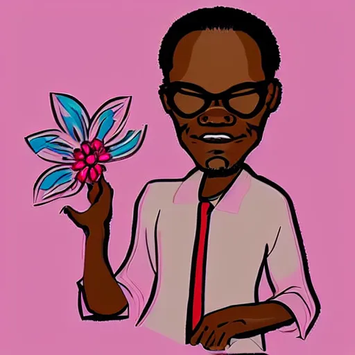 Image similar to a stylized cartoon of samuel l jackson with a pink flower in his hand