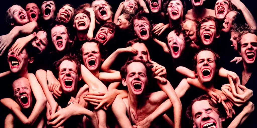 Prompt: full body portrait of people screaming with demons terror fear joy love life light golden hour 1 2 0 mm film highly detailed sharp zeiss lens 1. 8 high contrast chiaroscuro detailed photograph by gottfried helnwein ryan mcginley robert mapplethorpe david armstrong david wojnarowicz