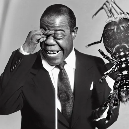 Prompt: louis armstrong winking and holding a giant hairy spider, professional photograph