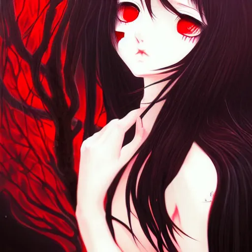Image similar to beautiful seductive female spirit, sleeping, highly detailed, painting, dark red and black color palette, intricate, high quality anime artstyle, in the style of sana takeda