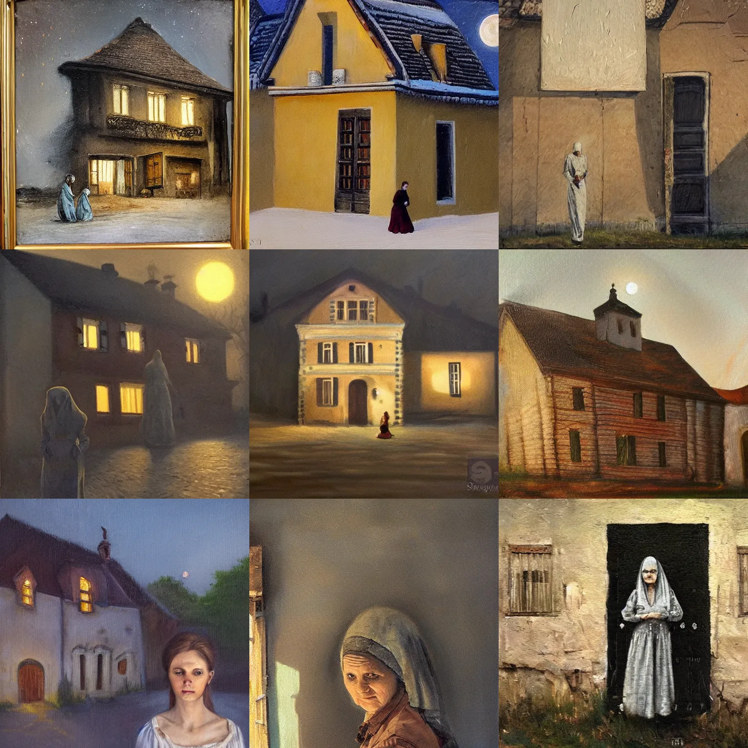 Prompt: a ghost woman in front of a 1 9 th century, old hungarian village house. atmoshperical, closeup, midnight, moon lighting, realistic, highly detailed, shadows, mysterious, oil canvas, oil canvas by szinyei merse pal, mednyanszky laszlo, meszoly geza, and lotz karoly