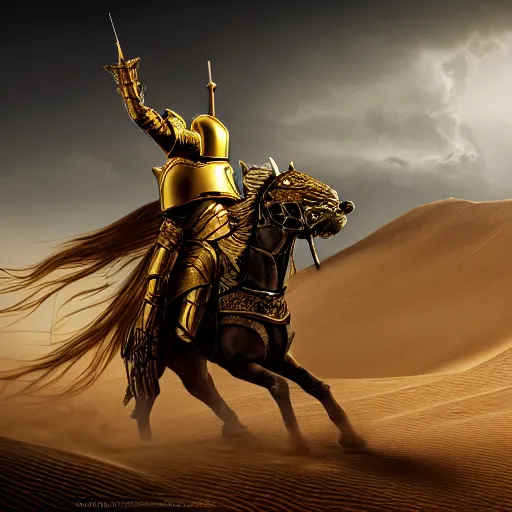 Image similar to Realistic photo of the king of the Desert in Battle, Knight with a golden helmet and a Silver Armour, Sand, Heroic Battle Scene, dark fantasy, intricate, cinematic lighting, highly detailed, digital art, trending on Artstation, 8k, photorealistic