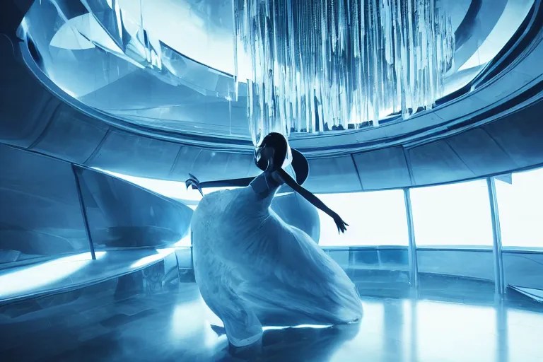 Image similar to vfx movie scene closeup of beautiful blue skin alien woman dancing in sleek futuristic decadent spaceship pillars, futuristic ballroom. giant windows view of earth obit. by emmanuel lubezki