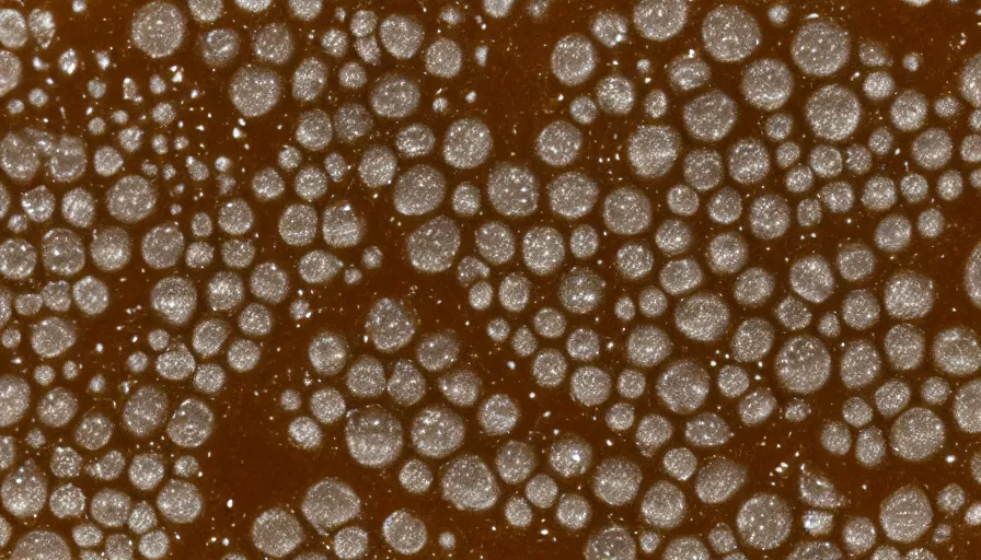 Image similar to light brown bacterial colonies with defined edges growing on mueller-hinton agar culture medium in a petri dish