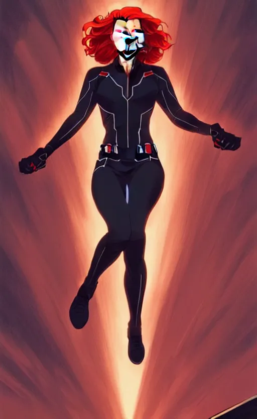 Image similar to rafeal albuquerque comic art, joshua middleton comic art, artgerm, cinematics lighting, night time, pretty scarlett johansson black widow, big smirk, symmetrical face, symmetrical eyes, long red hair, full symmetrical body, flying in the air, jumping off rooftop