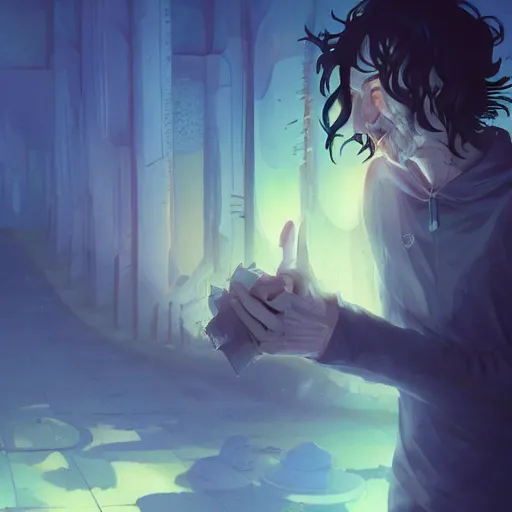 Image similar to portrait of Neil Gaiman as the Sandman, abandoned ruins landscape, night time, ambient lighting, 4k, anime key visual, lois van baarle, ilya kuvshinov, rossdraws, artstation