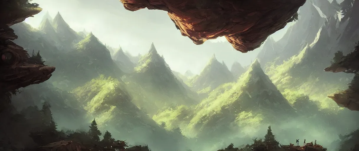 Prompt: floating islands over forest, mountains in background, concept art, low angle, cinematic, style of jordan grimmer