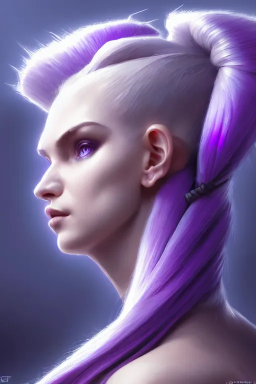 Image similar to alexey gurylev, close up portrait, pale woman in power armor with purple ponytail hair, mysterious, deep focus, d & d, fantasy, complex, elegant, highly detailed, digital painting, artstation, concept art, matte, clear focus, illustration, hearthstone, artgerm art, greg rutkovsky and alphonse mucha