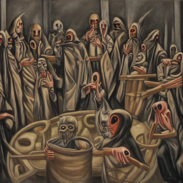 Image similar to several hooded disciples in purge masks, gathered in a brutalist courtyard, performing incantations over a fire in a barrel, by PJ Crook, oil on canvas