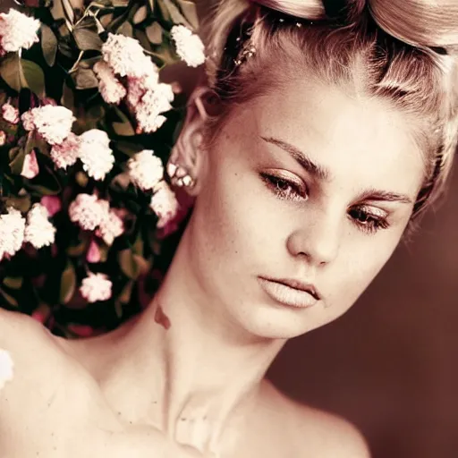 Image similar to vintage photograph of an olive skinned blonde female model in her twenties looking down, her hair pinned up with flowers, wearing a designer top, looking content, focused on her neck, photo realistic, extreme detail skin, natural beauty, no filter, slr, golden hour, 8 k, high definition, selfie