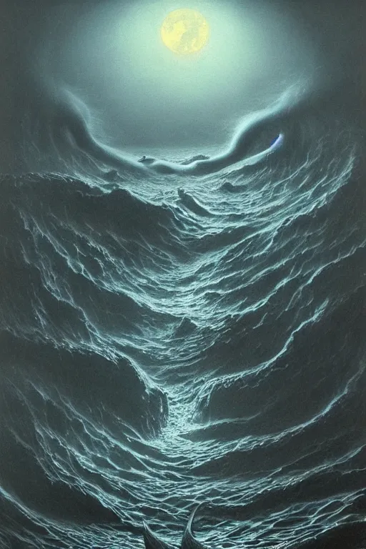 Image similar to A stunning detailed Shoggoth by Zdzisław Beksiński, stormy ocean, beautiful lighting, full moon, detailed swirling water tornado, artstation