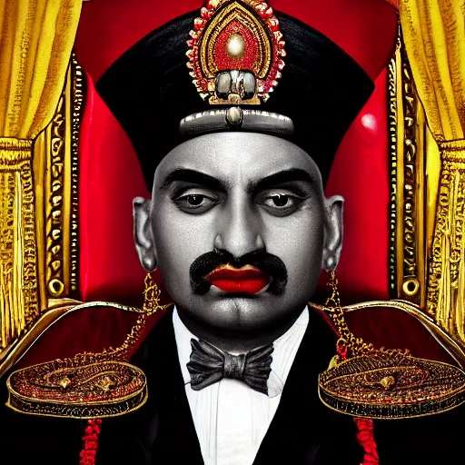 Image similar to the king of india sitting on a throne wearing a black suit and a red fez, detailed masculine face with red lips, black eyes and large forehead, moody atmosphere, digital art, highly detailed, high contrast, beautiful lighting, award winning, trending on art station, photorealistic, 8 k,