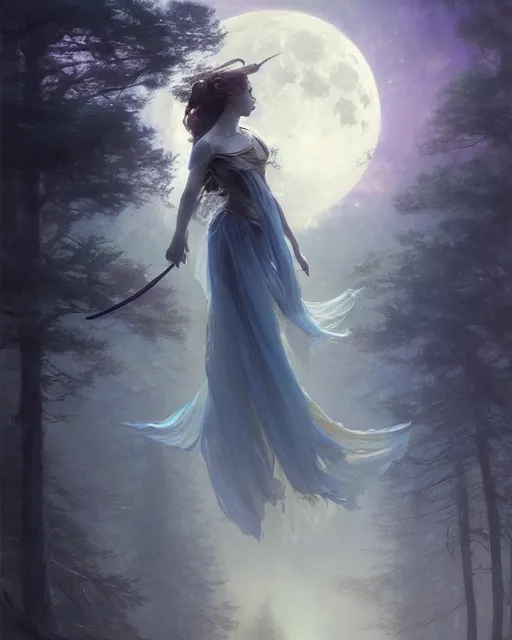 Image similar to a portrait of beautiful fairy goddness fly high in the night, d & d, fantasy, mist, full moon in background, trees, hyper detailed,, midium shot, an oil painting by ruan jia, trending on artstation, concept art, sharp focus, illustration, gaston bussiere, craig mullins, j. c. leyendecker, beautiful lighting